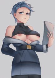 1girls bare_shoulders big_breasts blue_eyes blue_hair breasts cleavage clothed_female clothing cojohn color cyllene eyebrowless hand_behind_back holding_object large_breasts looking_at_viewer looking_down nintendo nipple_slip no_eyebrows paper pokemon pokemon_legends:_arceus shimaboshi_(pokemon) short_hair simple_background sleeves solo traditional_clothes