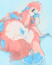 amiri_(nonbiamiri) anthro anus blush breasts claws collar digital_media_(artwork) dragon feathered_wings feathers female fluffy fluffy_chest fur genitals hair hi_res horn leash leash_in_mouth looking_at_viewer mythological_creature mythological_scalie mythology nipples object_in_mouth pawpads paws scalie simple_background smile solo spiked_tail spikes spikes_(anatomy) tail tail_anus vulva wings wuff34