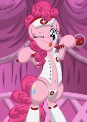 absurd_res blue_eyes camel_toe cel_shading clothed clothing colored curled_tail curly_mane cutie_mark digital_drawing_(artwork) digital_media_(artwork) equid equine eyelashes female female_feral feral friendship_is_magic hair hasbro hat headgear headwear hi_res horse legwear looking_at_viewer mammal mane my_little_pony navel nurse_clothing nurse_hat nurse_headwear nurse_uniform one_eye_closed open_clothing open_shirt open_topwear pink_body pink_mane pink_tail pinkie_pie_(mlp) pony scientific_instrument shaded shirt solo standing stockings tail template93 thermometer thong tongue tongue_out topwear underwear uniform upright_feral wink winking_at_viewer