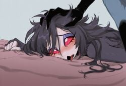 ahegao ai ai_generated anthro anthro_on_anthro drool eyes_rolling_back father_and_daughter hand_on_another's_head hellaverse helluva_boss implied_penetration implied_sex incest messy_hair octavia_(helluva_boss) on_bed owl_demon pinned_down prone_bone stolas_(helluva_boss) tongue_out