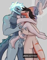 anal anal_penetration anthro balls black_hair blue_hair blue_markings bodily_fluids claws countershading cum cum_in_ass cum_inside cum_on_balls cum_on_own_balls cum_on_own_penis cum_on_penis cum_on_self double_anal double_penetration dragon entwined_tongues eyes_closed facial_markings finger_claws french_kissing genital_fluids genitals grey_body group group_sex hair head_markings hi_res internal internal_anal jaybeyyy kissing leg_grab leg_markings male male/male markings mythological_creature mythological_scalie mythology narrowed_eyebrows nude open_mouth orange_body orange_countershading orange_stripes penetration penile penile_penetration penis penis_in_ass scalie sex signature species_request spiked_tail spikes spikes_(anatomy) standing standing_sex striped_markings striped_tail stripes tail tail_markings trio