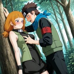 1boy 1girls against_tree ai_generated before_sex blush boruto:_naruto_next_generations breast_grab breasts brown_hair cleavage earrings female forest fully_clothed groping groping_breasts headband kazamatsuri_moegi konohagakure_symbol kunoichi male male/female moaning naruto naruto_(series) ninja orange_hair outdoors sarutobi_konohamaru scarf shirt straight sweat tied_hair twintails upper_body vest wristband
