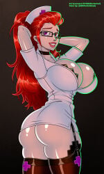 1girls arms_behind_head ass big_breasts black_thighhighs breasts christmas_(skullgirls) eyewear female female_only garter_straps glasses hat headwear huge_breasts legwear lips looking_back mowwitchblade nurse nurse_cap nurse_hat nurse_uniform ponytail pose posing purple_eyes red_hair scar scar_across_eye side_view sideboob skullgirls solo solo_female thick_thighs thighhighs thighs tied_hair