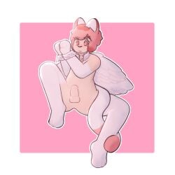 animal_humanoid bdsm bondage bound cat_humanoid collar cuff_(restraint) cupid_(spatey) feathered_wings feathers felid felid_humanoid feline feline_humanoid genitals hair handcuffs hi_res humanoid male mammal mammal_humanoid metal_cuffs penis pink_hair restrained restraints solo spatey tail tail_around_leg wings