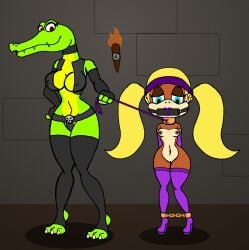 anthro ape bdsm crocodile crocodilian donkey_kong_(series) duo female female/female haplorhine hi_res kong kremling mammal nidrog nintendo primate reptile scalie tiny_kong
