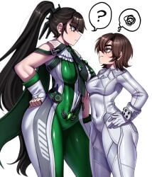 2girls angry big_breasts black_hair breasts brown_hair eve_(stellar_blade) evie_(stellar_blade) female female_only large_breasts long_hair multiple_girls ponytail rageman709 short_hair stellar_blade stellar_blade:_blood_rain