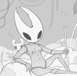 hollow_knight hollow_knight:_silksong hornet_(hollow_knight) monochrome relaxing sitting slim slim_waist small_breasts the_knight_(hollow_knight)