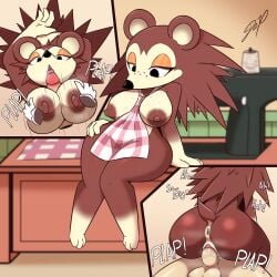 animal_crossing anthro anus apron ass balls big_ass breasts dex0codex disembodied_hand disembodied_penis female freckles hand_on_breast hedgehog male/female motion_lines nintendo paizuri penis pussy sable_able sex sound_effects unseen_male video_games wide_hips