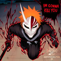 1boy ai_generated angry artificialfox bleach ichigo_kurosaki male_focus orange_hair revenge solo teeth yellow_eyes