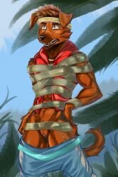 abs accessory andromorph andromorph_anthro anthro athletic athletic_andromorph athletic_intersex biped bottomwear bottomwear_down bound brown_body brown_fur canid canine clothed clothing forgotten_island fur genitals hair headband headgear headwear hi_res humanoid_genitalia humanoid_vulva intersex intersex_anthro jacket mammal pants pants_down partially_clothed raww_(forgotten_island) restrained slaveknightsylva solo standing topwear vulva werecanid werecanine werecreature weredog