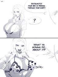 animal_print bleach cleavage flashing_breasts gyaru huge_breasts indralvspaizuri meme opening_shirt rangiku_matsumoto ripping_clothing sketch smiling tits_bouncing tits_out trending_art