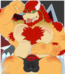 anthro arm_hair armpit_hair belly_hair body_hair bowser bowser_logo bulge chest_hair clothed clothing detailed_bulge hairy hairy_legs hi_res male mario_bros nintendo pubes solo topless