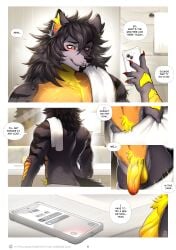 anthro balls bluch_(artist) blush bodily_fluids canid canine canis clothing comic comic_panel dialogue dialogue_box dripping english_text five_tone_body fur genital_fluids genitals grey_body grey_fur hair hi_res humanoid_genitalia humanoid_penis male mammal multicolored_body multicolored_fur muscular muscular_anthro muscular_arms muscular_male pecs penis solo sweat tail text url vein veiny_penis wolf yellow_body yellow_fur