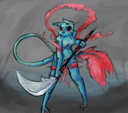 alexleviafan angry anthro blue_body breasts digital_media_(artwork) felid female fighting_pose genitals gills guandao holding_object holding_weapon looking_at_viewer mammal melee_weapon nipples nude polearm pose rain_world ribbons rivulet_(rain_world) scar simple_background slugcat small_breasts solo tail videocult vulva weapon