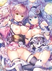2girls :d :o animal_ear_fluff animal_ears arm_warmers back_bow black_bow black_scarf black_thighhighs blue_arm_warmers blue_eyes blue_hair blurry blush bow braid breast_press breasts breasts_out brown_hair capelet cat_ears cat_girl cat_tail cherry_blossom_print cleavage clothes_lift convenient_censoring curvy depth_of_field detached_sleeves eyes_visible_through_hair floral_print floral_print_kimono flower frilled_capelet frilled_kimono frilled_sleeves frills fuuma_tama fuuma_yura garter_straps groin hair_between_eyes hair_flower hair_ornament hair_ribbon hair_spread_out hands_up happy highres holding_hands interlocked_fingers japanese_clothes kimono kimono_lift lantern large_breasts long_hair long_scarf long_sleeves looking_at_viewer lying multiple_girls neko-nin_exheart ninja nipples no_bra no_panties on_back open_mouth partially_visible_vulva paw_pose pink_flower pink_kimono print_kimono red_bow red_ribbon red_scarf ribbon scarf siblings single_braid sisters skindentation smile symmetrical_docking tail tail_ornament tail_ribbon takano_yuki tassel tassel_hair_ornament thigh_strap thighhighs thighs twintails very_long_hair white_capelet white_kimono white_thighhighs wide_sleeves x_hair_ornament yellow_eyes