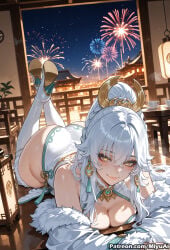 1girl ahoge ai_assisted ai_generated ass bangs bare_shoulders blush braid breasts chinese_clothes cleavage curvaceous curvy curvy_female curvy_figure dress eyebrows_visible_through_hair female fireworks fur_trim genshin_impact hair_between_eyes hair_ornament happy_new_year high_heels jewelry large_breasts long_hair looking_at_viewer lying miyuai on_stomach sidelocks silva_(granblue_fantasy) silver_hair sky smile solo thick thick_ass thick_butt thick_hips thick_legs thick_thighs thighhighs thighs voluptuous voluptuous_female wide_hips wide_thighs yellow_eyes zibai_(genshin_impact)