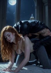 1boy1girl age_difference ai_generated barbara_gordon batgirl batgirl_(barbara_gordon) batman batman_(bruce_wayne) batman_(series) bruce_wayne cape dc_comics from_behind from_behind_position gloves half_naked leather_clothing male/female masked_male older_male superhero warner_brothers younger_female
