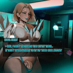 2d_(artwork) balls_under_clothes bathroom big_penis blonde_hair blue_eyes blue_lipstick condom dominant_futa dukenukiler emma_frost emma_frost_(marvel_rivals) english english_commentary english_text erection erection_pushing_underwear erection_under_clothes erection_under_underwear futanari high_resolution inminent_sex light_effects marvel_rivals mocking partially_clothed_futa partially_nude particles_(effect) pent_up public_bathroom public_indecency public_nudity smirk sweat thick_penis throwing_object veins veiny_penis