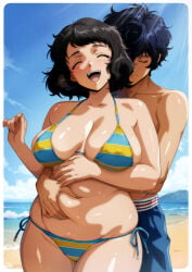 1boy 1girls akira_kurusu atlus beach beach_background bikini chubby chubby_belly chubby_female couple couple_(romantic) couple_love eyes_closed female female/male gravydood hugging_from_behind joker_(persona) megami_tensei persona persona_5 persona_5_royal ren_amamiya sadayo_kawakami smile smiling sunny swimming_trunks swimsuit swimwear tummy tummy_squish wholesome