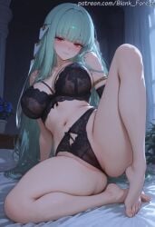 1girl ai_generated arm_support artist_name ass bangs bare_legs bare_shoulders barefoot bed bed_sheet black_bra black_panties blank_forest blue_hair blunt_bangs blush bra breasts cameltoe cleavage closed_mouth eyebrows_visible_through_hair feet fire_emblem fire_emblem:_the_blazing_blade flower hair_ornament half-closed_eyes heavy_breathing highleg highleg_panties indoors lace lace-trimmed_bra lace-trimmed_panties large_breasts legs lingerie long_hair looking_at_viewer navel ninian_(fire_emblem) nintendo on_bed pale_skin panties red_eyes sidelocks silver_hair sitting smile solo spread_legs stomach symbol-shaped_pupils thighs toes underwear underwear_only very_long_hair window