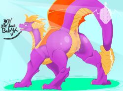 2026 activision anus bodily_fluids butt dialogue dragon dripping dripping_vulva feral genital_fluids genitals glistening glistening_butt hair hi_res intersex looking_at_viewer male maleherm mythological_creature mythological_scalie mythology orange_hair precum precum_drip presenting presenting_anus presenting_hindquarters presenting_vulva purple_body purple_eyes scalie simple_background simple_coloring smile smiling_at_viewer solo speech_box speech_bubble spyro spyro_a_realm_beyond spyro_the_dragon tail tail_anus teeth_showing tongue turtle_smoocher vulva wings