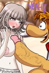 1boy 1girls blush danganronpa danganronpa_2:_goodbye_despair dick embarrassed embarrassed_nude_female huge_balls huge_breasts huge_penis limbless looking_at_another looking_at_penis looking_down looking_pleasured nanami_chiaki orange_hair pink_hair precum rayman rayman_(series) rayman_2:_the_great_escape rayman_origins short_hair spiky_hair sprite sprite_art sprite_edit text