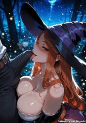 1boy 1girl ai_assisted ai_generated bare_shoulders breasts breath brown_hair cleavage curvaceous curvy curvy_female curvy_figure detached_sleeves dragon's_crown erection female gloves hat hetero large_breasts long_hair miyuai night night_sky orange_hair penis red_eyes saliva solo_focus sorceress_(dragon's_crown) sweat thick thick_ass thick_butt thick_hips thick_legs thick_thighs tongue tree voluptuous voluptuous_female wide_hips wide_thighs witch_hat