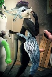 3d_(artwork) absurd_res animal_genitalia animal_penis anthro anus bedroom_eyes black_body black_fur black_scales blender_(artwork) blue_body blue_fur butt canine_genitalia canine_penis cheek_tuft claws clothed clothing deuzear digital_media_(artwork) ear_tuft equine_genitalia equine_penis erection facial_tuft fishnet_clothing fishnet_legwear fishnet_thigh_highs fur genitals group hair hi_res knot legwear lill_esp lill_espion looking_back looking_pleasured male money narrowed_eyes nude open_mouth penile penis presenting presenting_anus presenting_hindquarters prostitution raised_tail rear_view scales seductive smile spreading tail thick_thighs thigh_highs tongue tongue_out trio tuft white_body white_fur