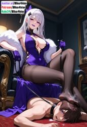 1girl ai_generated anime_girl black_thighhighs bliss4kiss blush collar detailed_skin dominant_female domination erotic_art explicit_anime facesitting foot_on_face fur_collar glossy_clothes high_heels highres indoor_scene large_breasts leash long_hair nsfw_content purple_dress purple_eyes rule34_style seductive_pose smile solo sweat teasing_pose thighhighs voluptuous_figure wet whip white_hair