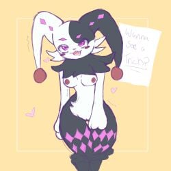 1:1 absurd_res anthro bodily_fluids breasts drooling dupin_(pal) fangs female fur genitals hi_res jester lagomorph looking_at_viewer mammal midorimonsta multicolored_body pal_(species) palmorph palworld pink_body pocketpair saliva solo standing teeth thick_thighs vulva white_body white_fur wide_hips