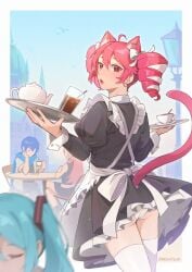 1boy 2d 2d_(artwork) 3girls ahoge ass back back_bow back_view background_characters cat_ears cat_tail catgirl clothed clothed_female clothing detailed_background earrings female fully_clothed gluteal_fold hair_ornament hairbow hatsune_miku kaito_(vocaloid) kasane_teto kasane_teto_(sv) kemonomimi looking_at_viewer looking_back maid maid_apron maid_uniform male megurine_luka miniskirt open_mouth panties panty_peek pantyshot petite petite_body petite_female red_eyes red_hair skinny skinny_female skirt skirt_lift slim_girl slim_waist synthesizer_v tail thighhighs thighs tray twin_drills utau vocaloid waitress white_panties