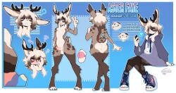 2026 anthro antlers aster_faye balls biped blush bottomwear butt claws clothed clothed_anthro clothed_male clothing cocoline_(artist) digital_drawing_(artwork) digital_media_(artwork) erection feet femboy fingers front_view fully_clothed fully_clothed_anthro fully_clothed_male fur genitals hair hi_res horn jackalope lagomorph looking_at_viewer male mammal model_sheet navel nude nude_anthro nude_male penis rear_view sitting smile solo spots standing tail teeth toes tongue topwear