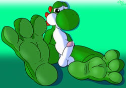 2019 3_toes anthro balls barefoot black_eyes blush bodily_fluids circumcised cum dinosaur erection feet fol foot_focus genital_fluids glans hi_res hindpaw humanoid_penis male male_only mario_(series) nintendo nude paws penis presenting reptile scalie simple_background sitting soles solo toes video_games yoshi