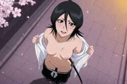 1girl ai_generated black_hair bleach blush breasts cherry_blossoms collarbone digitalwaifugallery from_above hair_between_eyes hi_res high_quality high_resolution japanese_clothes looking_at_viewer medium_breasts navel nipples no_bra no_panties open_clothes open_mouth open_shirt outdoors patreon petals purple_eyes pussy rukia seductive sexy short_hair skirt small_breasts smile solo sword uncensored undressing watermark weapon
