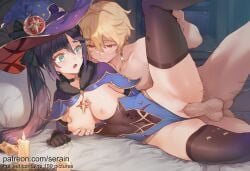 1boy 1girl 2026 aether_(genshin_impact) ai_generated black_gloves black_hair black_thighhighs blonde_hair blue_leotard blush breasts candle capelet closed_mouth clothed_female_nude_male clothed_sex clothing_aside earrings genshin_impact gloves grabbing grabbing_another's_breast grabbing_from_behind green_eyes hat hetero highleg highleg_leotard highres jewelry leg_up leotard leotard_aside long_hair lying medium_breasts mona_(genshin_impact) mosaic_censoring motion_lines nipples nsfw nude on_bed on_side open_mouth penis pillow purple_hair purple_headwear pussy serain sex sex_from_behind spooning spread_legs testicles thighhighs twintails uncensored vaginal witch_hat yellow_eyes