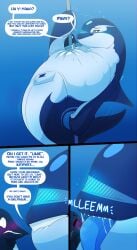 2026 absurd_res animal_genitalia animal_vulva aquatic avian belly belly_squish big_belly bird black_body blue_blush blue_eyes blue_fin blue_tongue blush bodily_fluids cetacean cetacean_genitalia cetacean_vulva comic dancing dialogue dolphin dolphin_tail dolphinproject duo english_text female feral genitals hi_res linus_(dolphinproject) male male/female mammal oceanic_dolphin orca penguin pole pole_dancing saliva speech_bubble squish talking_feral text tongue toothed_whale underwater vore vulva water white_belly yano_(dolphinproject)