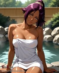 ai_generated bleach cleavage dark-skinned_female dark_skin head_tilt light_smile looking_at_viewer medium_breasts naked_towel onsen shihouin_yoruichi sitting solo thighs vilerune yoruichi_shihouin
