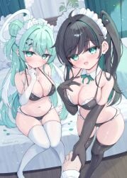 1boy 2girls black_lingerie blush cute happy holding_another's_wrist holding_hand lace_trim lingerie mikaze_oto original original_character seductive shortstack smile white_lingerie