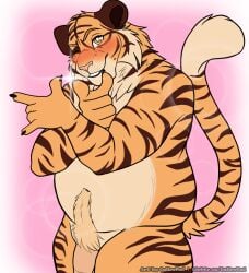 anthro belly biped blush body_hair brown_body brown_fur calico_kai colored digital_media_(artwork) felid fingers flaccid front_view fur genitals gesture half-length_portrait hand_gesture happy_trail hi_res humanoid_genitalia humanoid_hands humanoid_penis jun_kobayashi long_tail looking_at_viewer male mammal markings navel nude nude_anthro nude_male one_eye_closed orange_body orange_eyes orange_fur overweight overweight_anthro overweight_male pantherine penis pink_background pointing pointing_at_viewer portrait pubes simple_background smile solo standing striped_markings stripes tail tan_body tan_fur tennis_ace text tiger url watermark wink winking_at_viewer