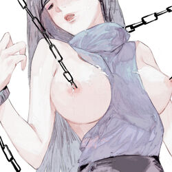 bare_arms black_hair blue_sweater breasts breasts_out chains chajott64 character_request closed_eyes commentary cum cum_in_mouth cum_on_body cum_on_breasts cum_on_clothes facial female highres large_breasts lips long_hair nipple_clamps nipple_piercing nipples onmyoji parted_lips piercing sleeveless sleeveless_sweater solo sweater upper_body