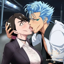 ai_generated artificialfox bleach blue_eyes blush brown_eyes choker grimmjow_jaegerjaquez hair_ornament kiss ponytail saliva scrunchie unagiya_ikumi