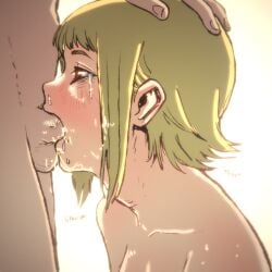 1boy 1girl blonde_hair chainsaw_man cum cum_in_mouth deepthroat hand_on_head oral red_eyes sawatari_akane side_view spit tears xandredarium