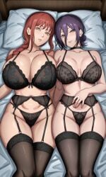 1girls 2girls ai_generated bed bedroom big_breasts blondeup21 chainsaw_man curvy curvy_body curvy_female curvy_figure female female_only green_eyes huge_breasts kyoru189 light-skinned_female light_skin lingerie looking_at_viewer makima_(chainsaw_man) milf purple_hair qme314 red_hair reze_(chainsaw_man) seductive seductive_look shao145 solo solo_female stockings yellow_eyes