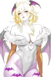 1girls aglaea_(honkai:_star_rail) big_breasts blonde_hair breasts cleavage cosplay darkstalkers female female_only green_eyes head_wings honkai:_star_rail honkai_(series) large_breasts mdamemiina morrigan_aensland_(cosplay) wings
