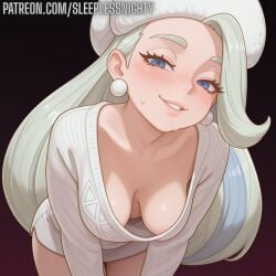 1girls ai_generated blue_eyes blush breasts clevage female flashing flashing_breasts grey_hair hi_res high_resolution highres leaning_forward looking_at_viewer melony_(pokemon) naughty_face nipples patreon pokemon sleeplessnighty solo solo_focus sweat tagme watermark