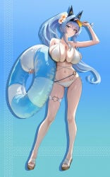 1girl alternate_costume bikini blue_background blue_eyes blue_hair blush breasts cleavage flower full_body goddess_of_victory:_nikke hair_flower hair_ornament helm_(nikke) high_ponytail highres holding holding_swim_ring huge_breasts innertube looking_at_viewer navel ponytail sidelocks solo swim_ring swimsuit thigh_strap thighs visor_cap white_bikini