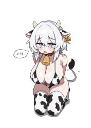 1girls big_breasts bikini blue_eyes blush breasts cow_horns cow_print cow_tail cowbell faust_(limbus_company) horns limbus_company looking_at_viewer medium_hair project_moon simple_background solo thighhighs white_background white_hair