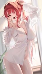 1girls 2026 4q_(lokcy516) absurdres ahoge alternate_hairstyle arm_up blurry_background blush breasts cleavage collarbone cowboy_shot day daytime fair_skin female female_focus female_only goddess_of_victory:_nikke hair_bun hair_intakes half-closed_eye hand_on_own_head hand_to_own_mouth hand_up hi_res highres indoors large_breasts light-skinned_female light_particles light_skin long_sleeves looking_at_viewer medium_hair morning naked_shirt nipples no_bra no_panties one_eye_closed open_mouth partially_unbuttoned plant ponytail rapi_(nikke) rapi_(red_hood)_(nikke) red_eyes red_hair see-through_clothes see-through_shirt see-through_silhouette shift_up shirt sidelocks single_bare_shoulder single_hair_bun single_off_shoulder standing tied_hair white_shirt window yawning