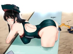 1girls ass bent_over black_hair boat breasts canal clothed clothing dialogue digger ever_given excavator-kun female female_only giantess gijinka green_eyes humanized in_water large_breasts meme one-piece_swimsuit partially_clothed personification solo suez_canal swimsuit thai water xtermination