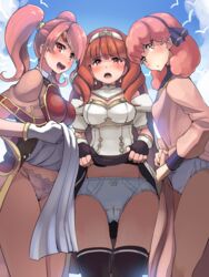 3girls anthiese_lima armor blue_panties blush boris_(noborhys) brown_eyes cape celica_(fire_emblem) clothed_female confident curious dress dress_lift embarrassed excited female_only fire_emblem fire_emblem_echoes:_shadows_of_valentia fire_emblem_gaiden fully_clothed genny_(fire_emblem) gloves lifted_by_self looking_at_viewer looking_down mae_(fire_emblem) multiple_girls nintendo panties pantyshot pink_hair pink_panties pov red_eyes red_hair redhead smile twintails undressing upskirt white_panties